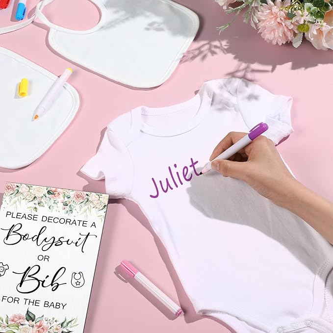 Roowest 35 Pcs Baby Shower Bibs Games Design Wooden Baby Shower Party Game Sign DIY Bodysuit Sign 15 White Blank Feeder Bibs 9 Newborn Bodysuit 10 Markers for Boys Girls(Flower)