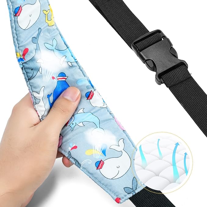 Baby Carseat Head Support,Car seat Straps Pillow Support Ban,Stroller Neck Relief Strap Headrest,Slumber Sling Sleep Positioner for Toddler Infants Child Children Kids(Gray Whale）