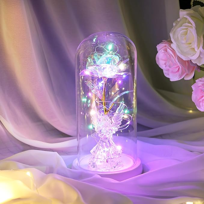 Birthday Gifts for Women Angel Rose USB Rechargeable Light Up Flowers in Glass Dome,Preserved Flowers Grandma Mom Gifts from Daughter Angel Figurines for Anniversary Mothers Day