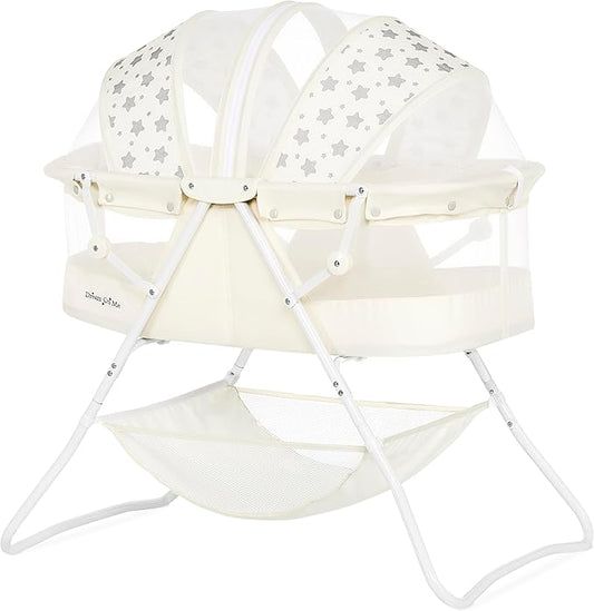 Dream On Me Karley Bassinet in French White, Lightweight Portable Baby Bassinet, Quick Fold and Easy to Carry , Adjustable Double Canopy, Indoor and Outdoor Bassinet with Large Storage Basket.