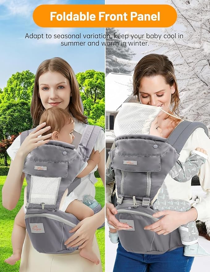 Baby Carrier with Hip Seat, 6 in 1 Baby Carrier Newborn to Toddler, Adjustable Infant Carrier with Hood, All Seasons & All Position Baby Holder Carrier for Breastfeeding