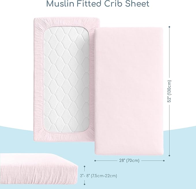 Muslin Crib Sheets, 100% Organic Cotton, Breathable and Ultra-Soft, Standard Crib Sheet Mattress (28"x 52") for Girls and Boys, Neutral Fitted Baby Crib Sheet (Light Pink)