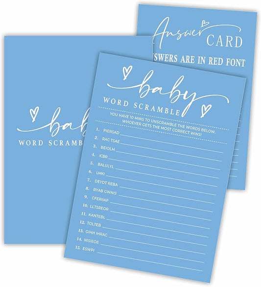 Baby Word Scramble Baby Shower Game Cards - Minimalism Blue - 30 Double-Sided Fill In Style Game Cards With Answer Card, Gender Reveal, Baby Announcement, Party Games & Activity - C14