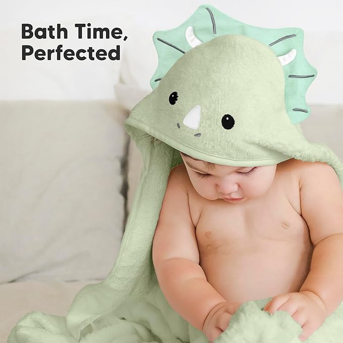 KeaBabies Hooded Baby Towel for Newborn - Viscose Derived from Bamboo Large Baby Bath Towels with Hood for Boys, Girls, Toddler, Extra Absorbent & Soft Newborn Bath Essentials (Triceratops)