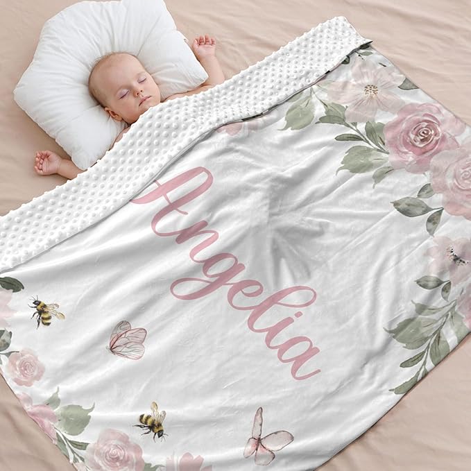 Personalized Baby Blanket for Girls Floral Butterfly Custom Baby Blankets with Name Dotted Backing Customized Gifts for New Mom Customize Baby Blanket for Kids Newborn Birthday Pink
