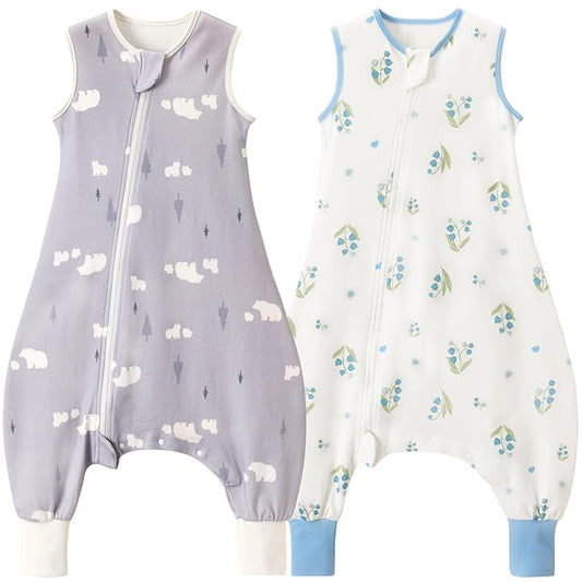 2 Pack Super Soft 0.5 TOG Sleep Sack with Legs, 100% Organic Cotton Side Open Toddler Sleep Sack with Feet, Bear & Bluebell, Size M