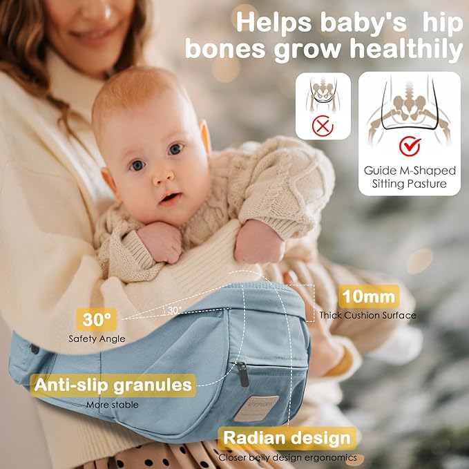 Baby Hip Seat Carrier, Adjustable Waistband with 3D Abdominal Support & Various Pockets Ergonomic Carrier for Newborns to Toddlers up to 33 lbs Medium Blue
