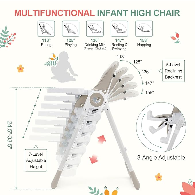 Baby High Chair for Toddlers 1-3 Years Old, Foldable Baby High Chair with Removable Tray, Lightweight Folding Chair with 5-Point Safety Harness, Multiple Recline Positions & Compact Design