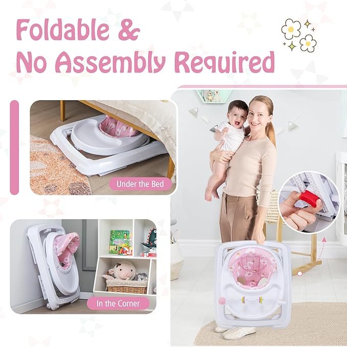 HONEY JOY Baby Walker, Foldable Toddler Walker with Toys, Push Walker for Boys and Girls, Adjustable Height, High Back Padded Seat, Infant Activity Walker with Wheels (Pink)