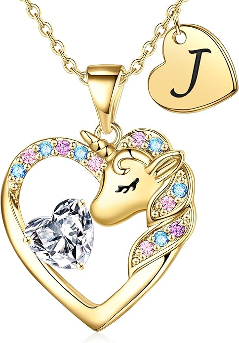 Unicorn Necklace Gifts for Girls Kids - Colorful CZ Heart Initial Necklaces Unicorn Necklace for Girls Jewelry Birthday Gifts for Little Girl Kids