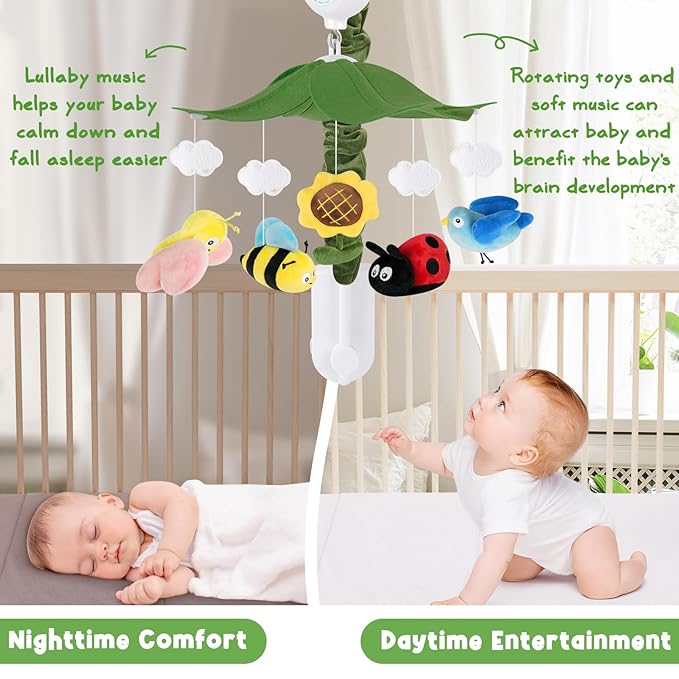 Garden Friends Crib Mobile – Baby Mobile for Crib with Upgraded 3-Mode Music Box, Baby Mobile with Butterflies for Boys & Girls, Nursery Mobiles, Fits Standard Cribs Standard Cribs