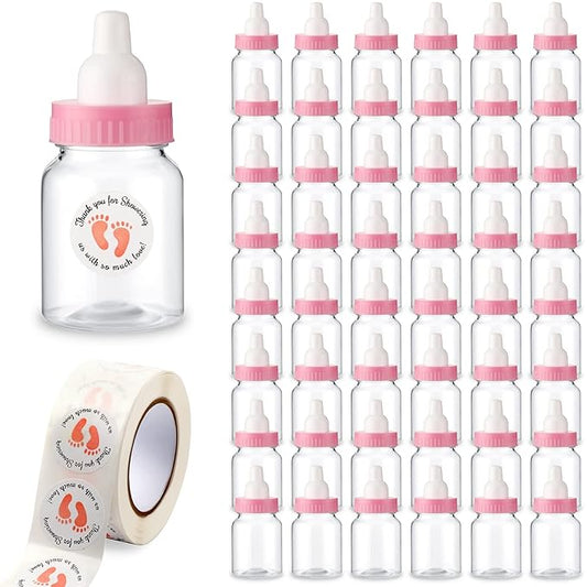 Tondiamo 48 Pcs Pink Baby Shower Mini Bottle Favors 1. 5 x 3. 5 Inch Baby Shower Candy Jar Mini Milk Bottle Party Favor Fillable Gift Boxes for Boys Girls Birthday Party Games Decorations