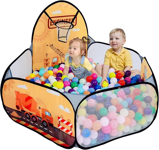 Kids Ball Pit, Pop Up Children Play Tent, Toddler Ball Pool Baby Crawl Playpen with Basketball Hoop, Portable Toys for Girls Boys, 4 ft / 120 cm, Balls Not Included, Engineering Car