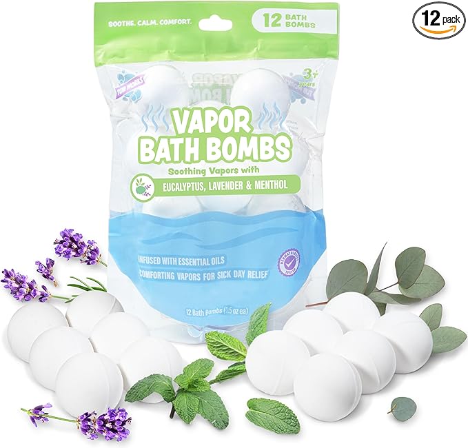 Tub Works® Vapor Bath Bombs for Toddlers & Kids, 12 Pack | Natural Essential Oils for Aromatherapy | Calming Eucalyptus Bath Bomb with Lavender & Menthol for Cold, Flu & Congestion Relief