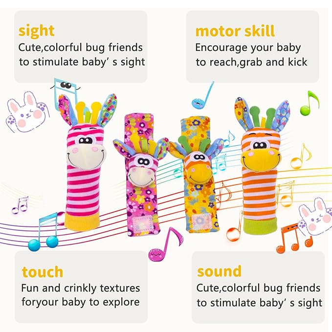 Wrist Rattles Baby Socks Baby Toys Set Soft Sensory Toys for Babies Cartoon Animal Rattles Sock Early Development Toy Baby Shower Birth Gift for Newborn Infant Baby Boy Girl 0 to 3 Years Old