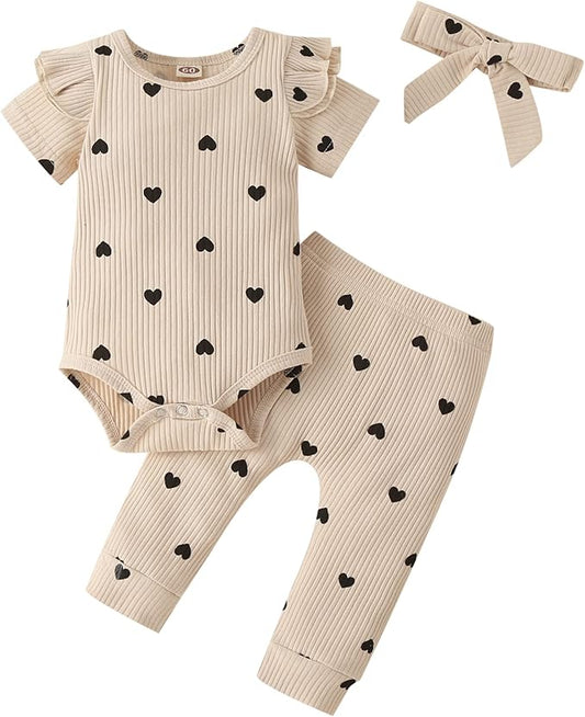 Fullfamous Baby Girl's 3pc Rib Frill Long Sleeve Romper and Pant Set