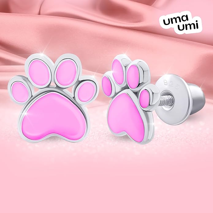 925 Sterling Silver Paw Pink Stud Earrings for Girls Hypoallergenic Safety Screw Back Rhodium Plated - Paw Pink Gifts Earrings for Baby Toddlers Little Teens Kids Jewelry