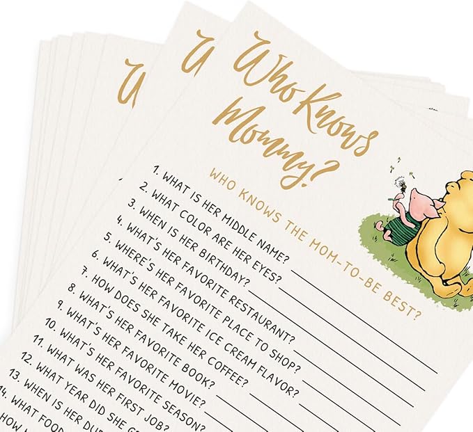 Printed Party Winnie Baby Shower Game Set – 4 Games with Classic Pooh Theme for 30 Guests, Includes Bingo, Mommy Trivia, Emoji Storybook, and Guess Who, Bear Theme for Boy or Girl