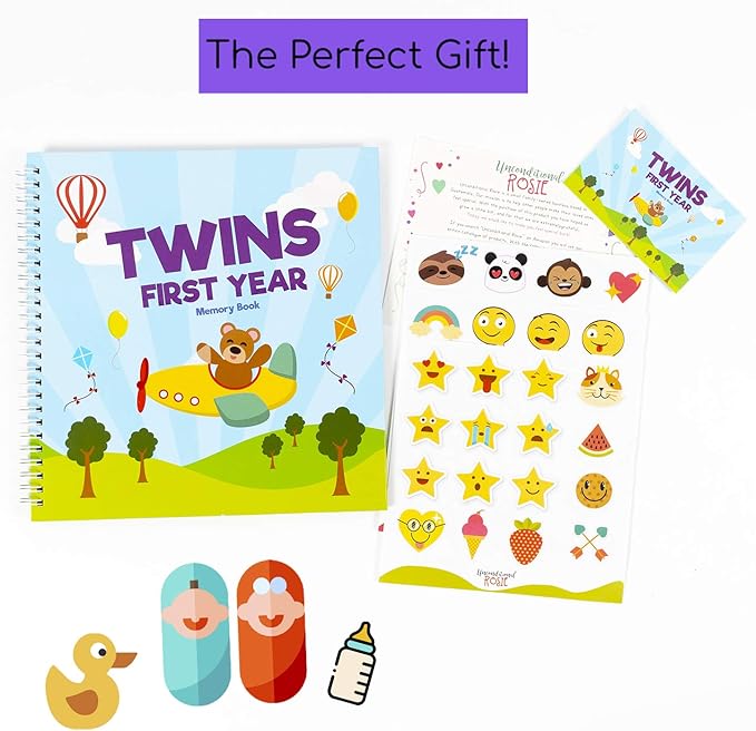 Twins First Year Hardcover Memory Book Bear Edition - Newborn Babies 1st Year Journal and Milestones Photo Album - Perfect and Unique Gift Idea for Baby Showers and Birthday Presents
