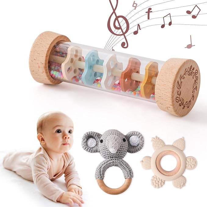 Youuys Wooden Baby Rattle Set (3pcs) - Crochet Rattle Rain Stick Teething Toys, Wooden Montessori Toy for Newborn Infant Baby Rattles Set Toys 3-6-12 Months (Gray Elephant)