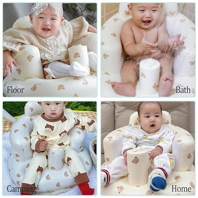 Inflatable Baby Seat, Inflatable Baby Chair for Babies 3 Months and Up, Summer Blow Up Chair with Built in Air Pump, Infant Floor Seats for Learning to Sit, Palying, Camping, Bear Head