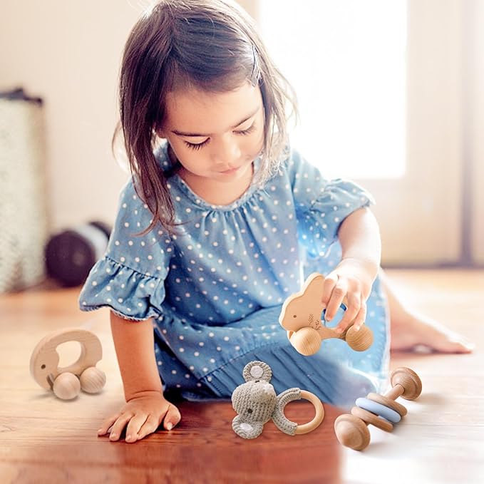 Wooden Baby Rattle 3 PCS Push Car Rattle Set Crochet Rattle Ring Wooden Montessori Toy for Newborn Infant Baby Gifts (Rabbit Rattle)