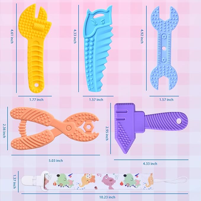 Baby Teething Toys for 0-6 / 6-12 Months - Molar Teether Chew Toys Set BPA Free Silicone, Soft Textures - Hammer Wrench Scissors Shape Gift 5-Pack