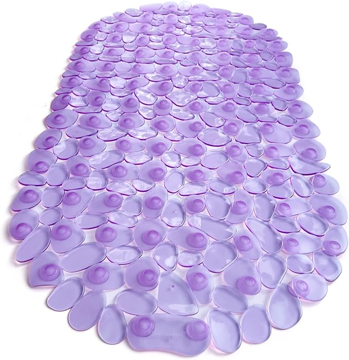 “Pebbles” Non-Slip Bathtub & Shower Mat 27”x14” Oval - Non-Toxic - Safe, Clean, Machine-Washable, Superior Grip & Drainage, Vinyl, for Smooth Floors ONLY, Transparent Purple