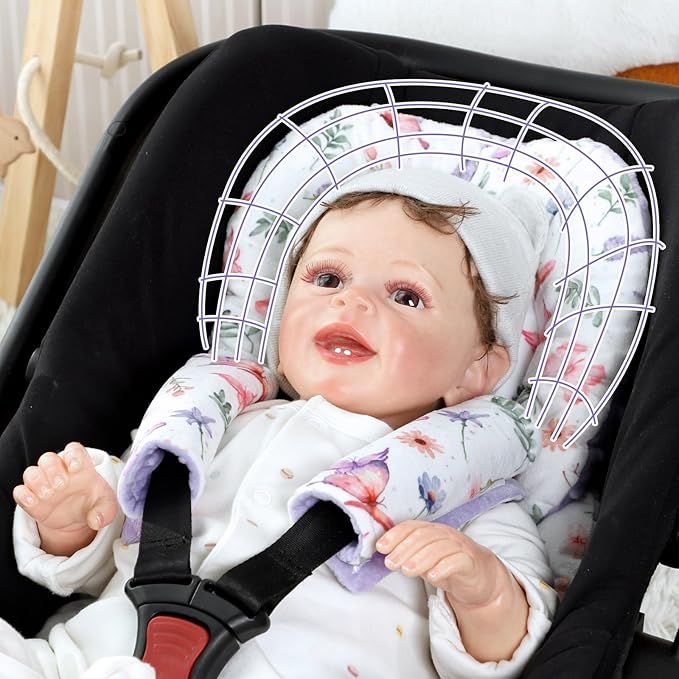 Pea Pod Infant Car Seat Insert with Strap Covers, All in One Reversible Baby Car Seat Head Support for Newborn, 3D Soft Minky Carseat Cushion for Preemie to Infant, Stroller, Swing, Bouncer, Butterfly