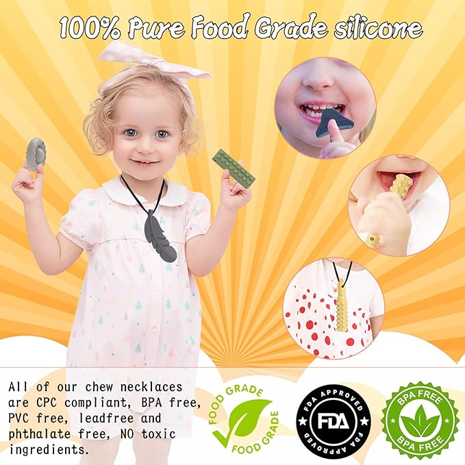 Chew Necklaces for Sensory Kids Teether Autism ADHD Silicone Teething Toys Anxiety Relief to Reduce Fidgeting Stress Oral Fixation 7 Packs