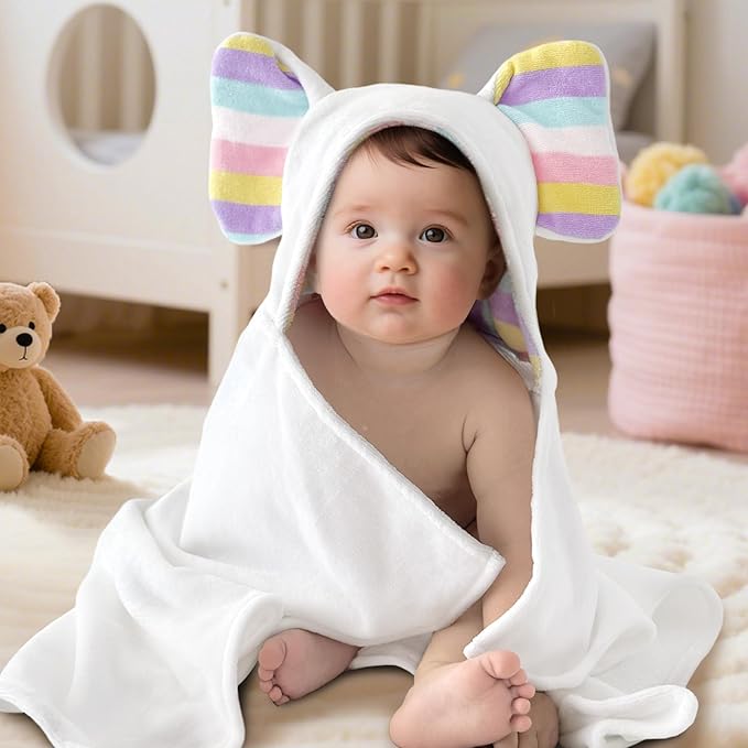 VOOVA & MOVAS Baby Hooded Bath Towel - 100% Cotton, 33x23.5 Inches,0-3Years, Super Absorbent Large Towel with Cute Elephant Ears Hood for Newborn, Baby, Toddler,White