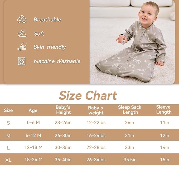 Baby Sleep Sack 12-18 Months, Long Sleeve Baby Wearable Blanket 0.5 Tog with Mittens, 2-Way Zipper Toddler Cotton Sleeping Sack for Boy and Girl Grey Elephant 2 Pack(Large)