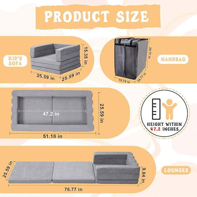 Portable Toddler Travel Bed|3-in-1 Foldable Floor Bed with Waterproof Handbag,High-Density Foam Sofa Chair for Kids,Collapsible Baby Camping Napmat,Indoor and Outdoor,Gray