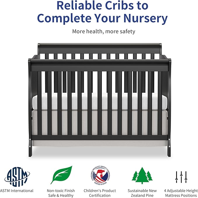 Baby Crib 5-in-1 Convertible, Wooden Cribs Converts to Toddler Bed, Daybed and Full-Size Bed, Nursery Furniture with Non-Toxic Finishes (Black)