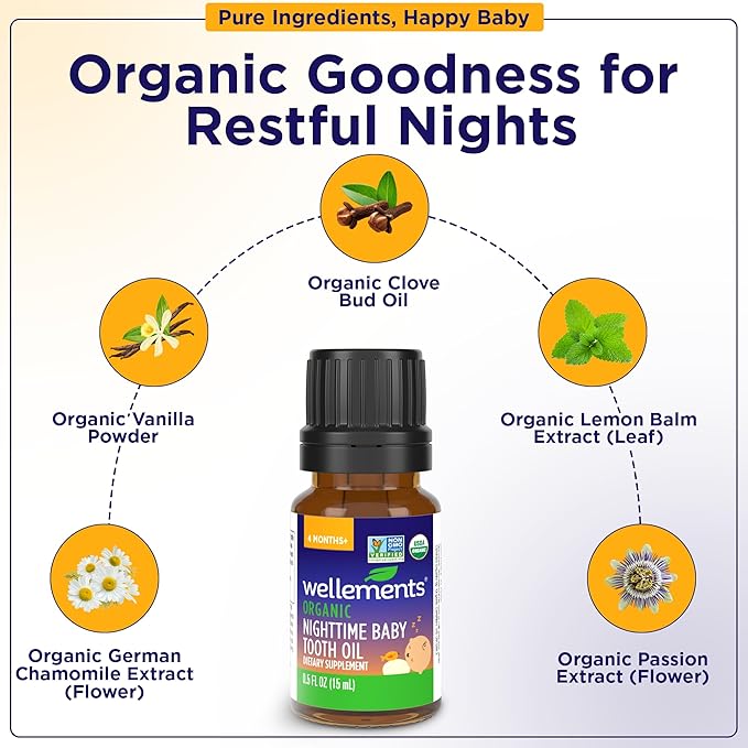 Wellements Organic Nighttime Baby Tooth Oil for 4 Months+ (0.5 Fl Oz) - Baby Teething Relief Oil* for Soothing & Massage for Tiny Gums* - Organic Blend of Essential Oils & Sleepy Time Herbs*