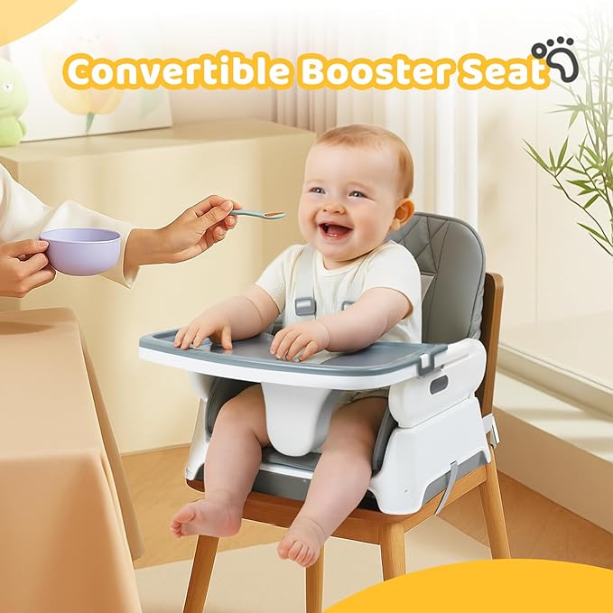 JOYMOR 5 in 1 Baby High Chair for Babies and Toddlers, Portable Highchair Fold Compact, ConvertibleBaby Feeding Chair Booster for Eating with Detachable Double Tray, 5 Point Harness (Gray)