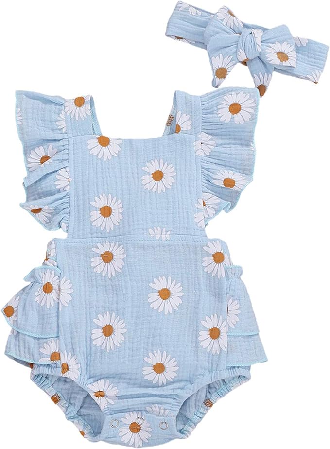 Baby Girls Floral Cotton Leotard Romper Newborn Daisy Playsuits Ruffled Sleeve Onesie Infant Jumpsuit Clothes Headband