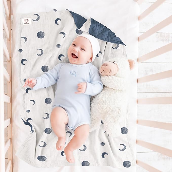Bearmoss Baby Blankets for Unisex Boys Girls, Soft Nursery Crib Blankets with Muslin Cotton Front and Dotted Fleece Back for Newborns Toddlers 30x40inch (Blue Moon)