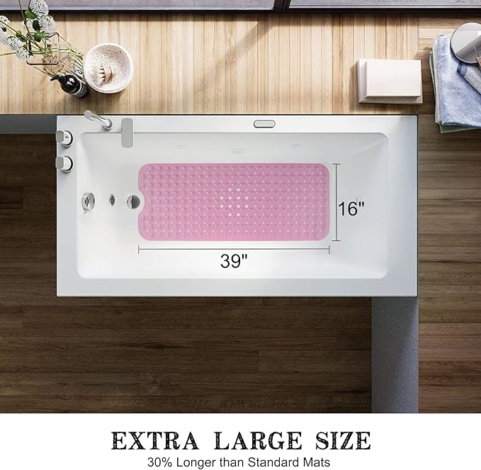 Linoows Bathtub and Shower Mats, Extra Long Non-Slip Bath Tub Mat 39 x 16 Inch, Machine Washable Bathmat with Suction Cups & Drain Holes for Bathroom Floor, Pink