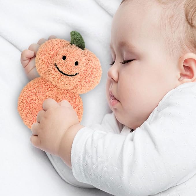 Baby Pumpkin Soft Rattle Toy, Plush Pumpkin Infant Shaker Rattle Easy-Grasp Stuffed Animal Toy, Gifts for Newborns Babies Toddlers Boys Girls, Orange, 6 Inches