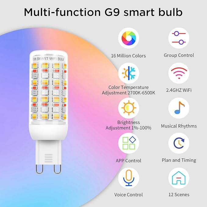 I-SHUNFA Wi-Fi RGBCW Smart G9 LED Bulbs,Compatible with Alexa/Google Home,Multicolour Dimmable,2700K-6500K,AC 120V 4W,400LM Brightness Adjustable 1%-100%,with Musical Rhythm LED Light Bulb,2 Pack