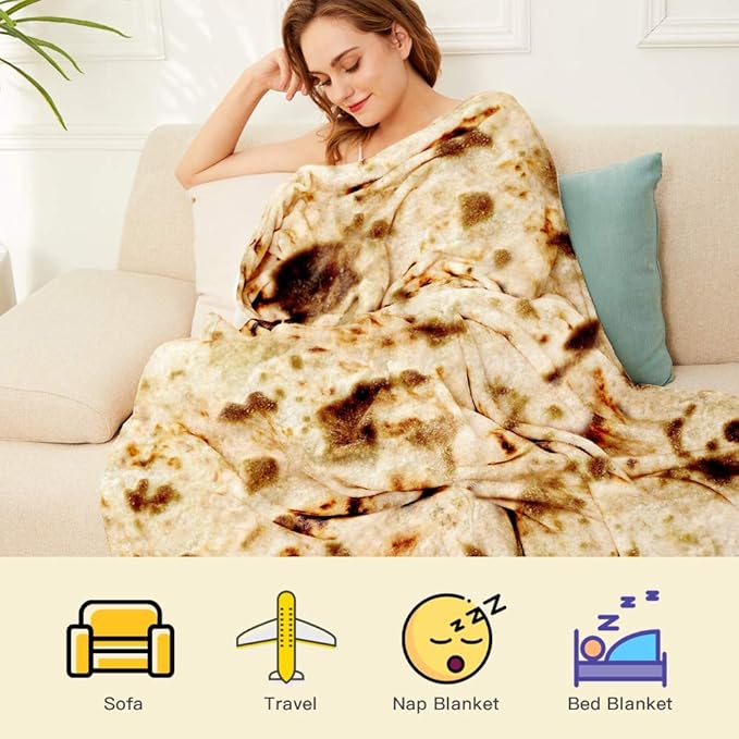Burrito Tortilla Throw Blanket,2.0 Double Sided Burritos Taco Tortilla Wrap Blankets,Giant Funny Realistic Flannel Food Round Blankets,Funny Gifts for Kids Newborn Toddler Dog Cat Baby Shower 47in