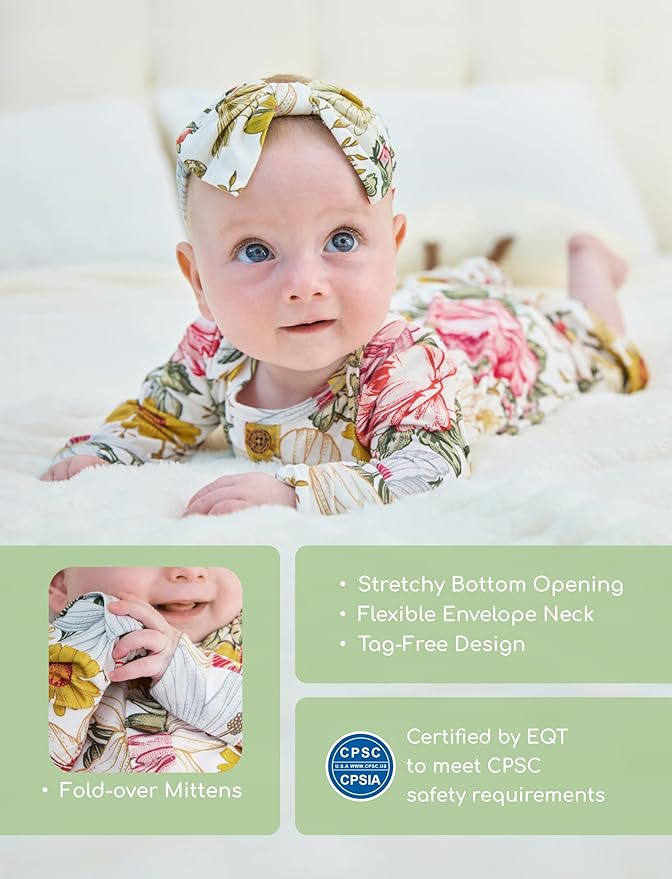 PATPAT Baby Sleeper Gown with Bamboo Viscose for Newborn Girls Boys, Knotted Nightgown with Mittens for Infant Home Coming