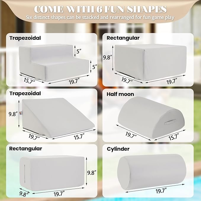 jela Kids Foam Climbing Blocks 6Pcs Soft Play Equipment Waterproof Fabric, UV Resistant Toddler Climbing Toys Indoor& Outdoor Soft Play Climbing Set, Lightweight Climbing Blocks for Toddlers(Sand)