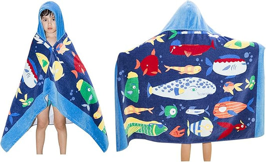 BANGSAUR Kids Hooded Beach Bath Towels, 100% Cotton 50"x30" Wrap Bathrobe, Toddlers Boys 3-12 Years Coverup Towel Ocean Fish
