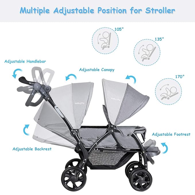 BABY JOY Double Stroller, Foldable Lightweight Twin Stroller with Tandem Seating, Adjustable Backrest/Canopy/Footrest, 5-Point Harness, Storage Basket, Newborn and Toddler (Gray)