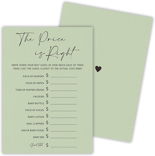 30 Pcs Minimalist Green Baby Shower Game Cards, The Price Is Right Game, Baby Shower Games To Play With Family And Friends, Baby Announcement, Gender Reveal Party Supplies - A05