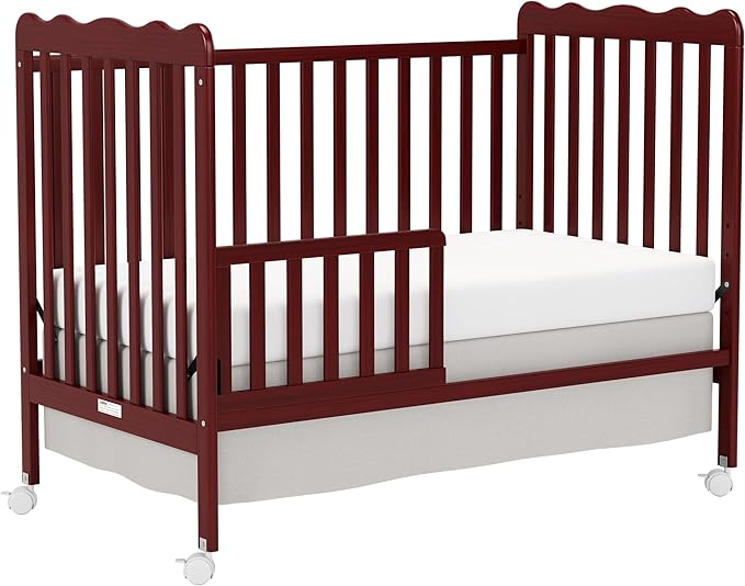 4 in 1 Convertible Baby Crib, Wooden Nursery Cribs Converts into Toddler Bed and Daybed, 3 Adjustable Base, Non-Toxic Finishes, Removable Wheels (Cherry)
