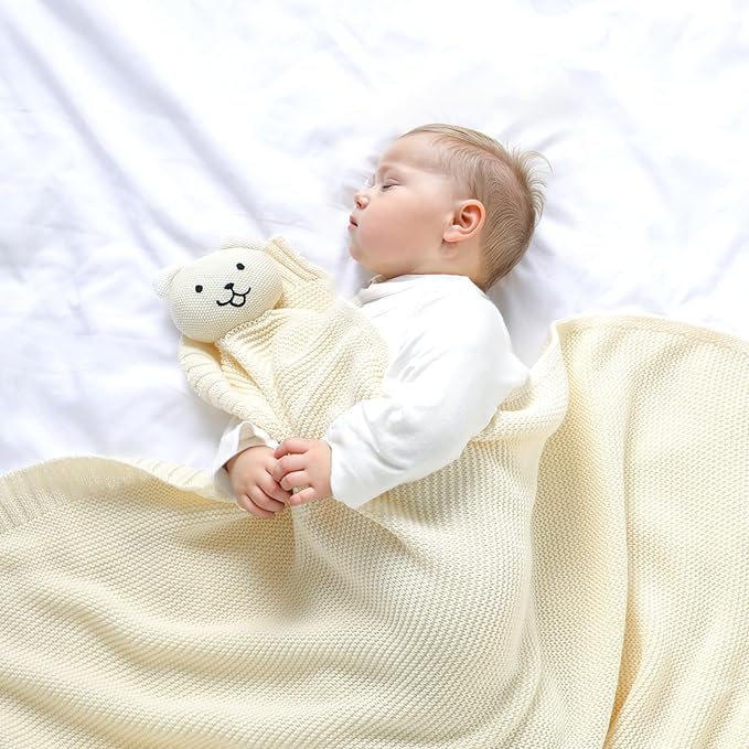 LAWKUL Baby Blanket Bear Lovey Soft Plush Security Blanket for Newborns Infants Boy Girl Knit Snuggle Comfort White 40x30in