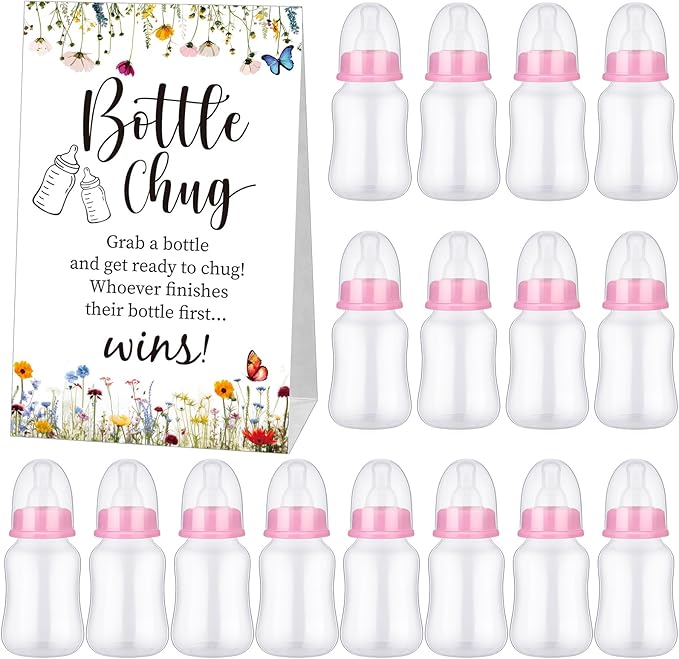 TrelaCo Bottle Chug Baby Shower Game Sign 20 Pcs Baby Bottles Shower Favor Plastic Greenery Flowers Bear Elephant Butterfly Gift Set for Gender Reveal Party (Wildflower,Blue)